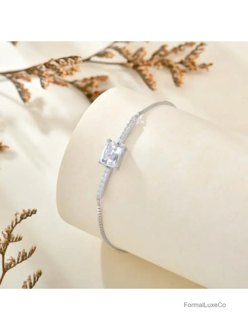 925 Sterling Silver Halo Rectangular Cut Birthstone Bracelet for Her